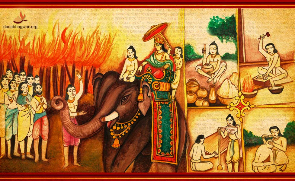 Rishabhdev teaching agriculture and civilization to early humanity